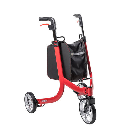Nitro 3-Wheel Aluminum Rollator, Red, Lightweight Folding Design, 300 lb Capacity