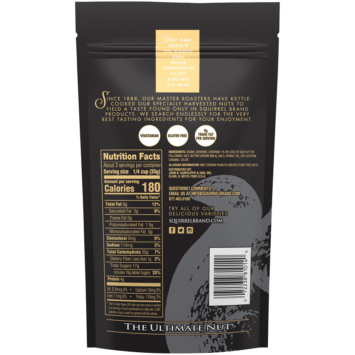 Squirrel Brand Sweet Brown Butter Cashews - Gourmet Artisan Nuts (3.5 oz)