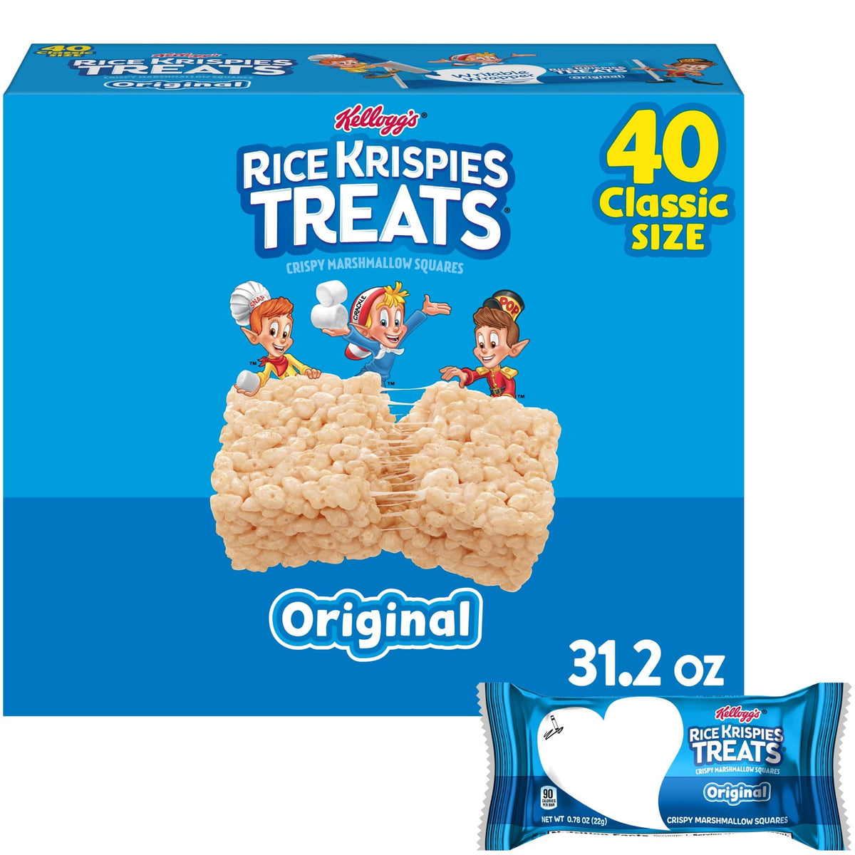 Rice Krispies Treats Crispy Marshmallow Squares, Kids Snacks, Snack Bars, Original, 31.2oz Box (40 Bars)
