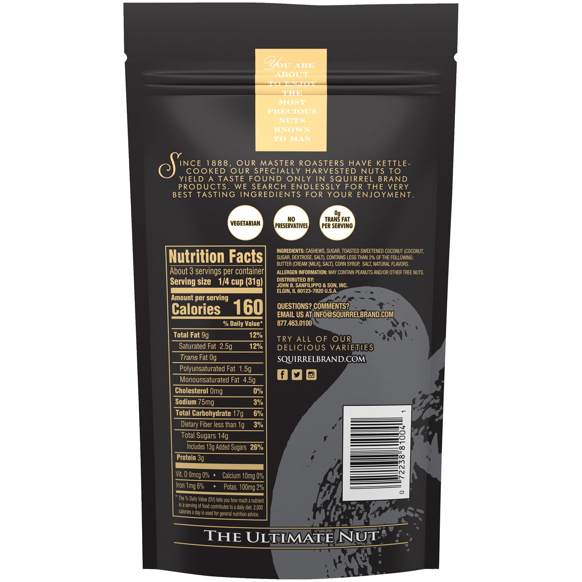 Squirrel Brand Sweet Brown Butter Cashews - Gourmet Artisan Nuts (3.5 oz)