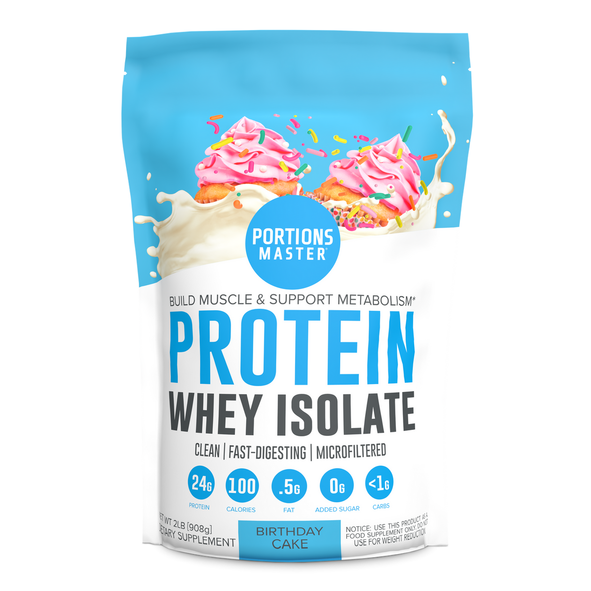Portions Master Non-GMO Cross-Flow Microfiltration Whey Protein Isolate, Sweetened with Stevia (2 lbs) | Birthday Cake