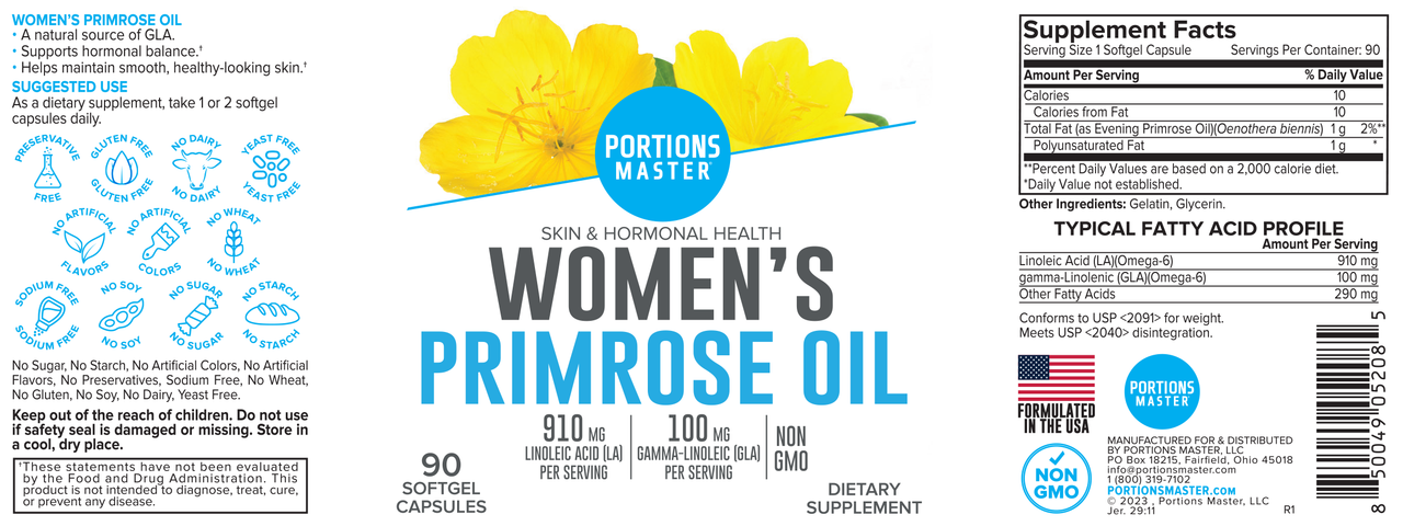 Portions Master Women's Primrose Oil Skin & Hormonal Health (90 Count)