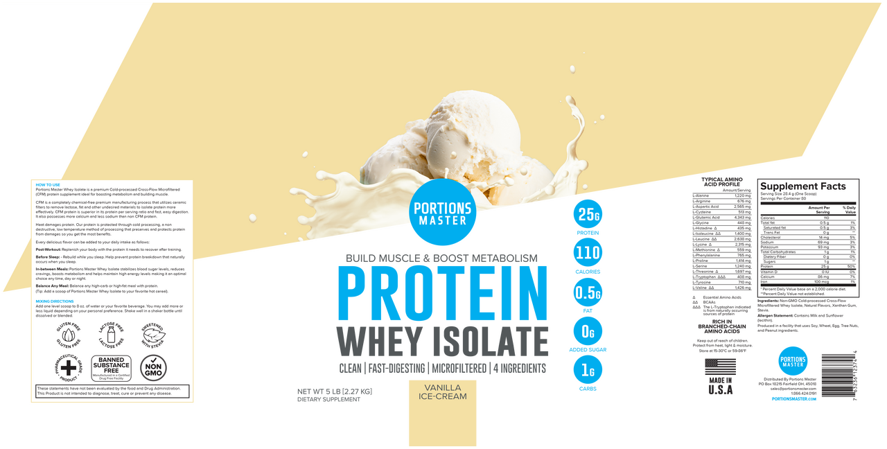 Portions Master Non-GMO Cross-Flow Microfiltration Whey Protein Isolate, Sweetened with Stevia | Vanilla Ice Cream