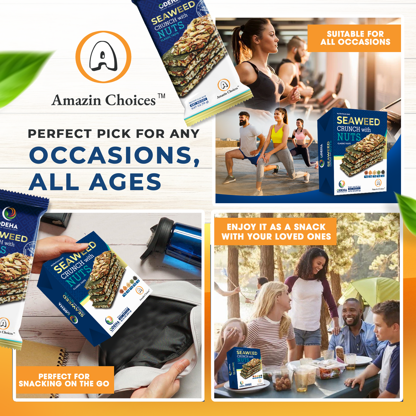 Buy for $39.98, Get 3 FREE Snack Gifts ($20.97 Value) – Amazin Choices Premium Seaweed Crunch with Nuts, 2 Boxes (32 Bars) – Gifts: Dried Guava, Coconut Cracker & Dried Chili Mango