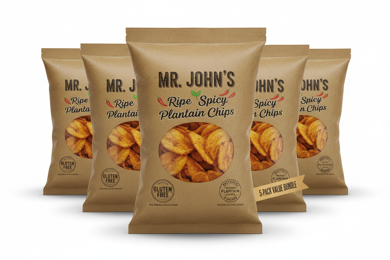 MR. JOHN'S Ripe Spicy Plantain Chips - Gluten Free, Natural Ingredients, 5 Pack (5.29 oz Each)