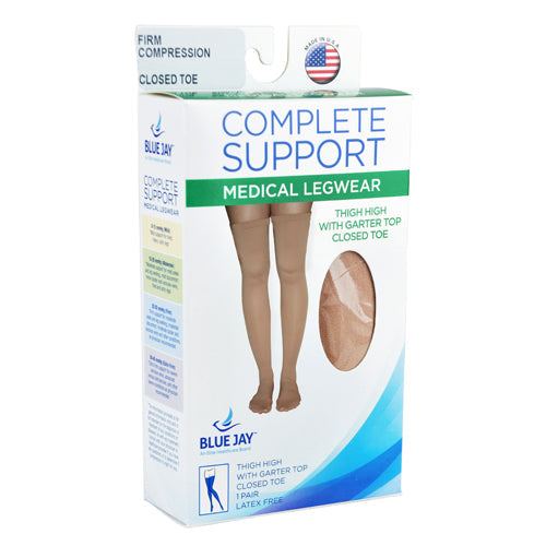 Firm Support Thigh High Compression Stockings 20-30 mmHg - Beige, Large, Closed Toe with Garter Top