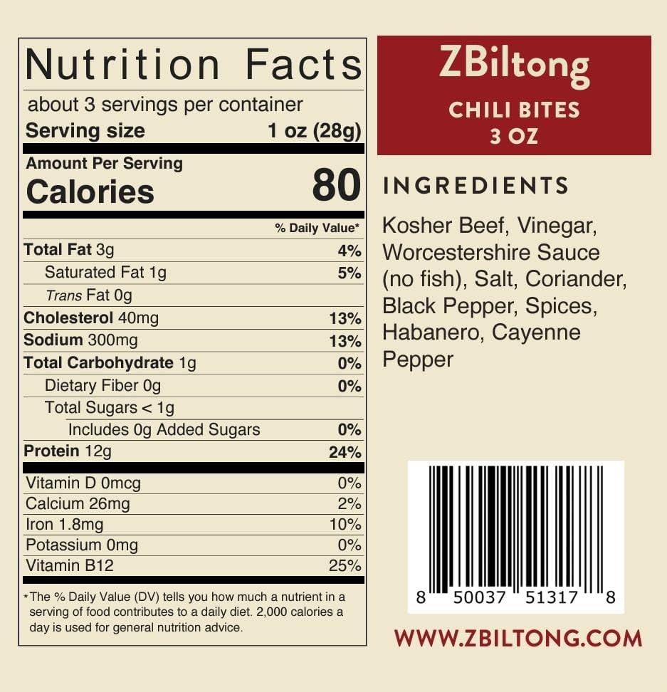 Zbiltong Authentic South African Kosher Biltong - Chili Bites, Grass-Fed Beef (3 oz)