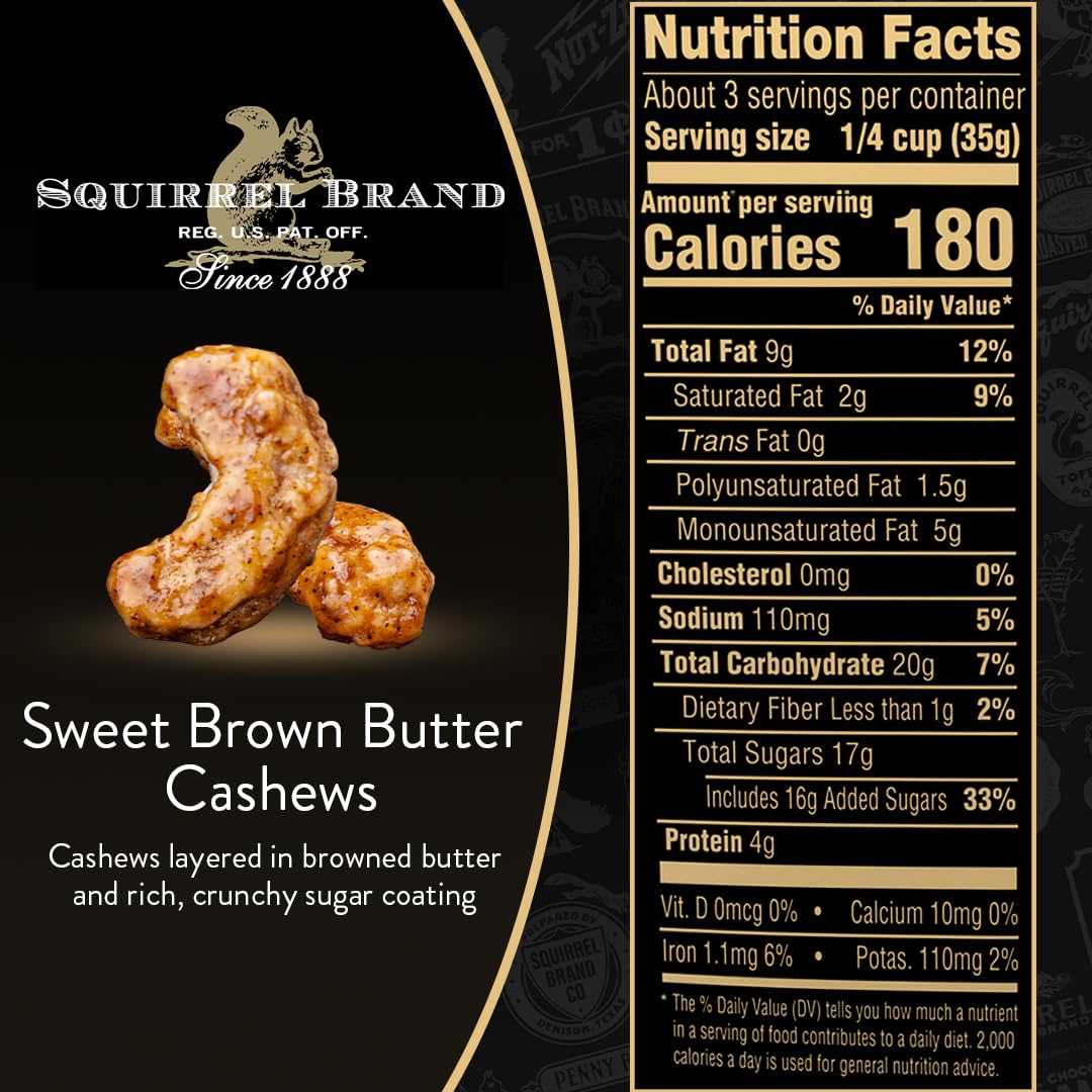 Squirrel Brand Sweet Brown Butter Cashews - Gourmet Artisan Nuts (3.5 oz)