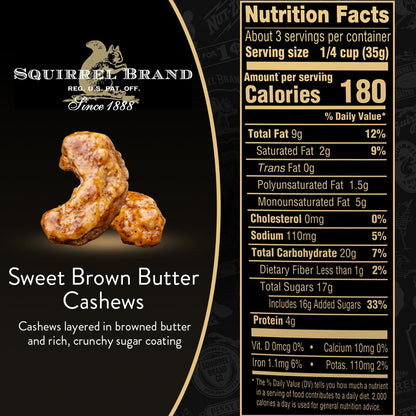 Squirrel Brand Sweet Brown Butter Cashews - Gourmet Artisan Nuts (3.5 oz)
