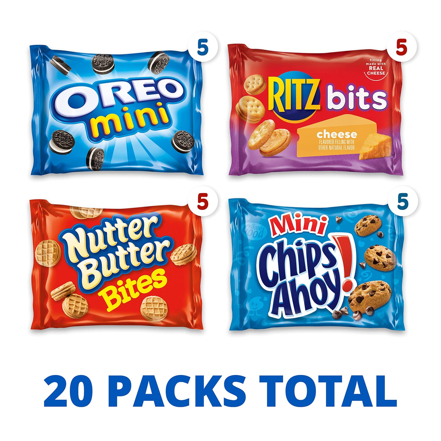 Nabisco Classic Mix Variety Pack, OREO Mini, CHIPS AHOY! Mini, Nutter Butter Bites, RITZ Bits Cheese, School Snacks, 20 - 1 oz Snack Packs