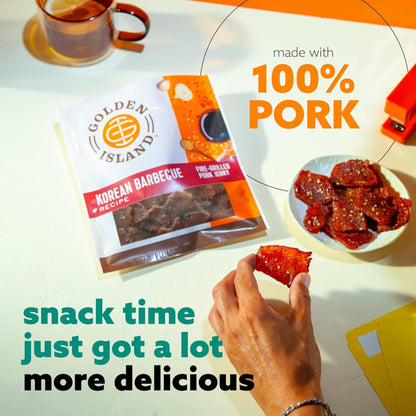 Golden Island Pork Jerky Korean BBQ Flavored, Specialty Meat Snack, Gluten Free with Korean Barbecue Seasoning, Bite Sized Sweet and Savory Protein Snack, 7g of Protein Per Serving, 9 Oz (2 Pack)