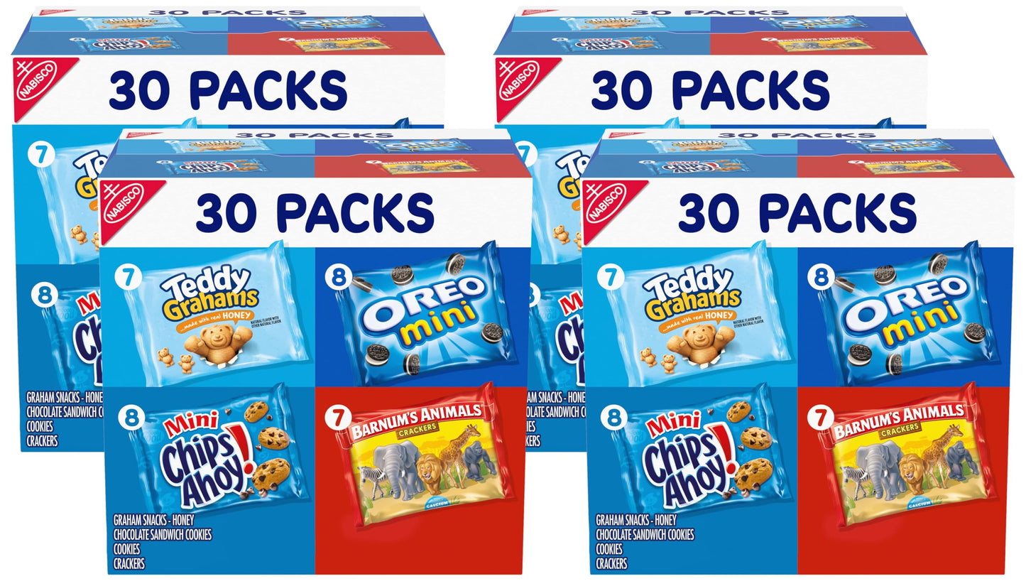 Nabisco Team Favorites Variety Pack, OREO Mini, CHIPS AHOY! Mini, Teddy Grahams Honey & Barnum's Animal Crackers, School Snacks, 30 Snack Packs