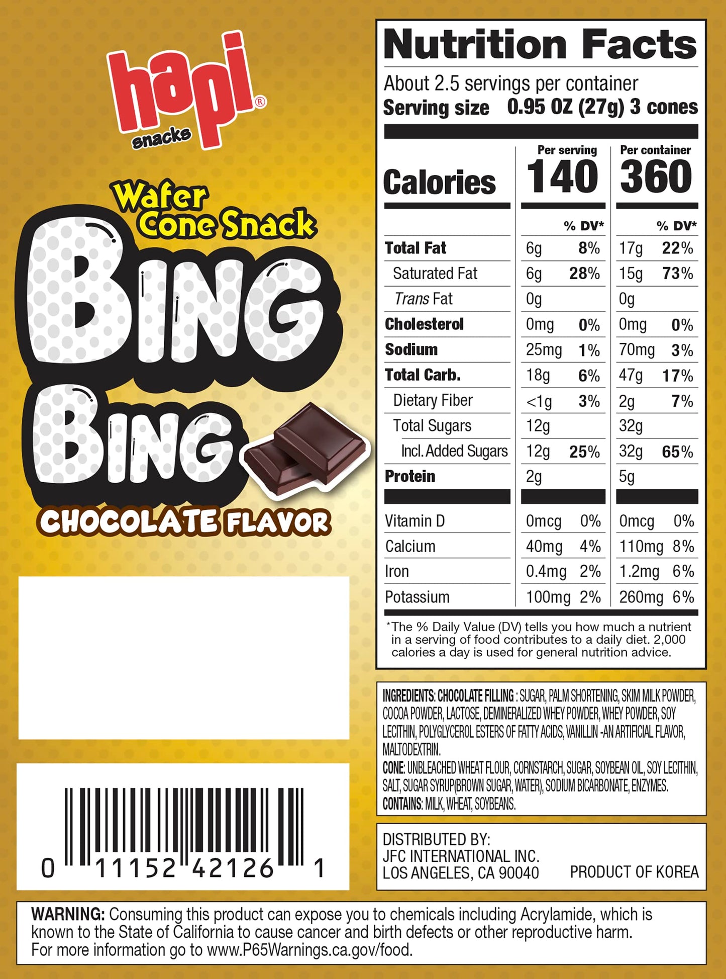 Hapi Bing Bing Cone Snack - Crispy Wafer Cones with Strawberry Cream Filling (2.5 oz)