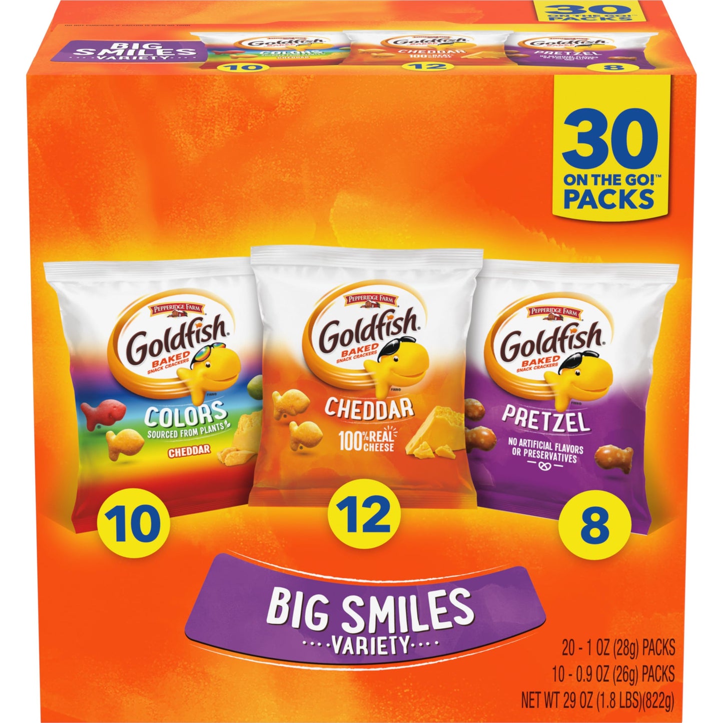 Classic Delight Goldfish Crackers Big Smiles Variety Pack - Cheddar, Colors & Pretzels | 30 Count