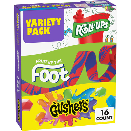 Fruit Roll-Ups Variety Pack - Fruit by the Foot & Gushers, Gluten-Free (16 Count)