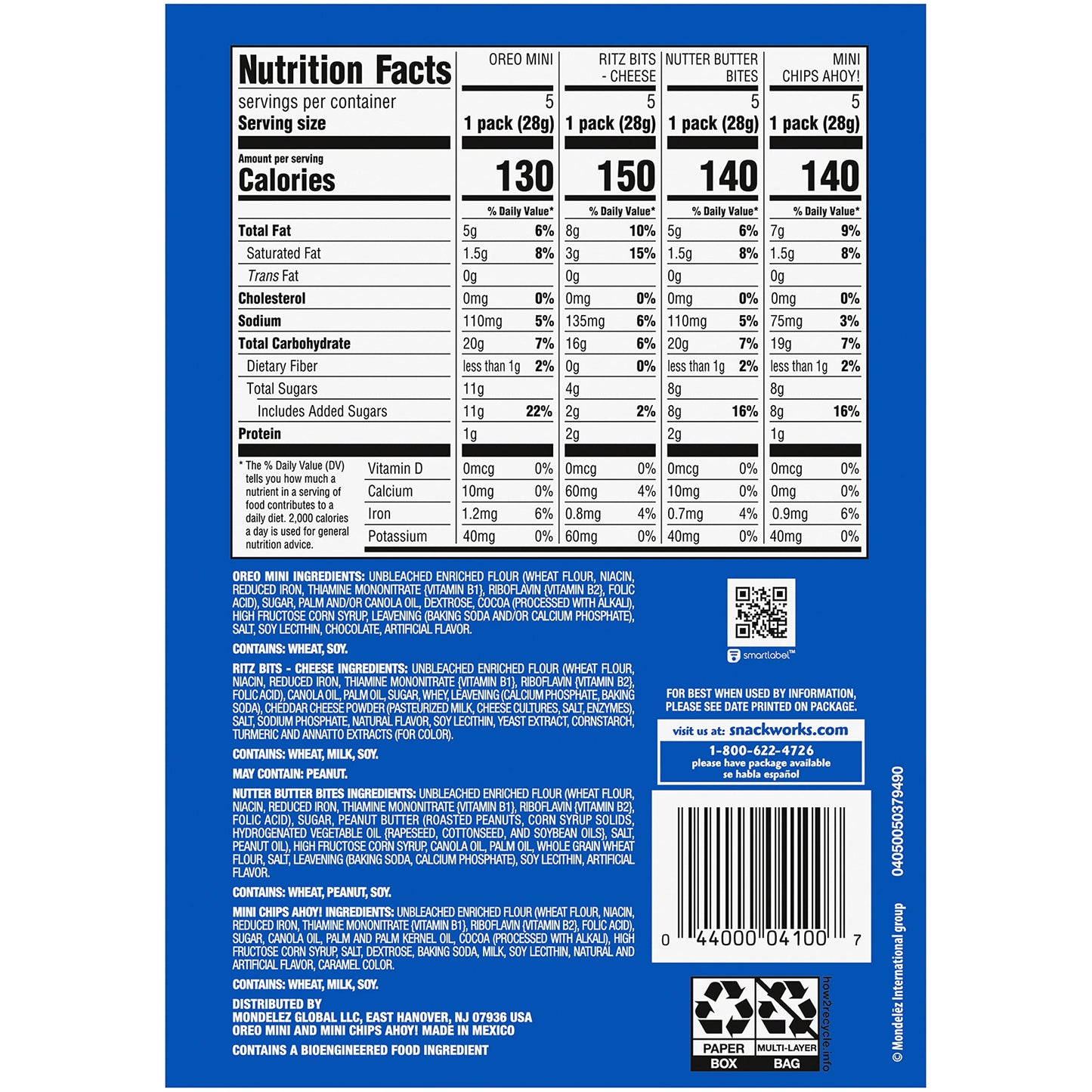 Nabisco Classic Mix Variety Pack, OREO Mini, CHIPS AHOY! Mini, Nutter Butter Bites, RITZ Bits Cheese, School Snacks, 20 - 1 oz Snack Packs