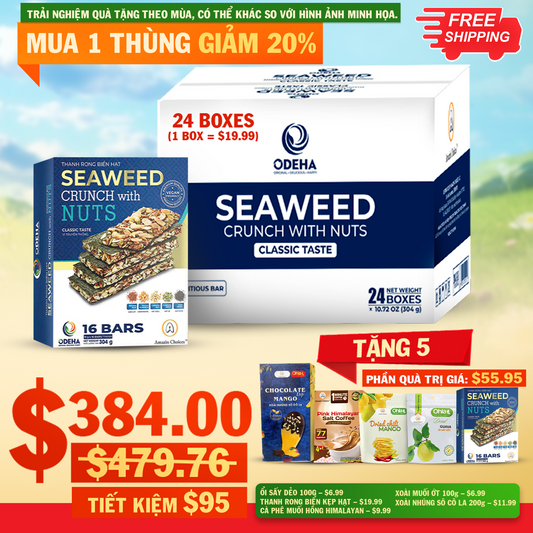 BIG DEAL! Mua 1 Thùng Rong Biển Kẹp Hạt (24 Hộp, mỗi hộp 16 Thanh) – Giá Gốc $479.76 → Giờ chỉ $384 (Giảm 20%) + Tặng Bộ Quà Snack Việt Trị Giá $95 (Ổi Sấy, Xoài Cay, Rong Biển Wasabi, Cà Phê Muối Hồng, Xoài Chấm Socola)
