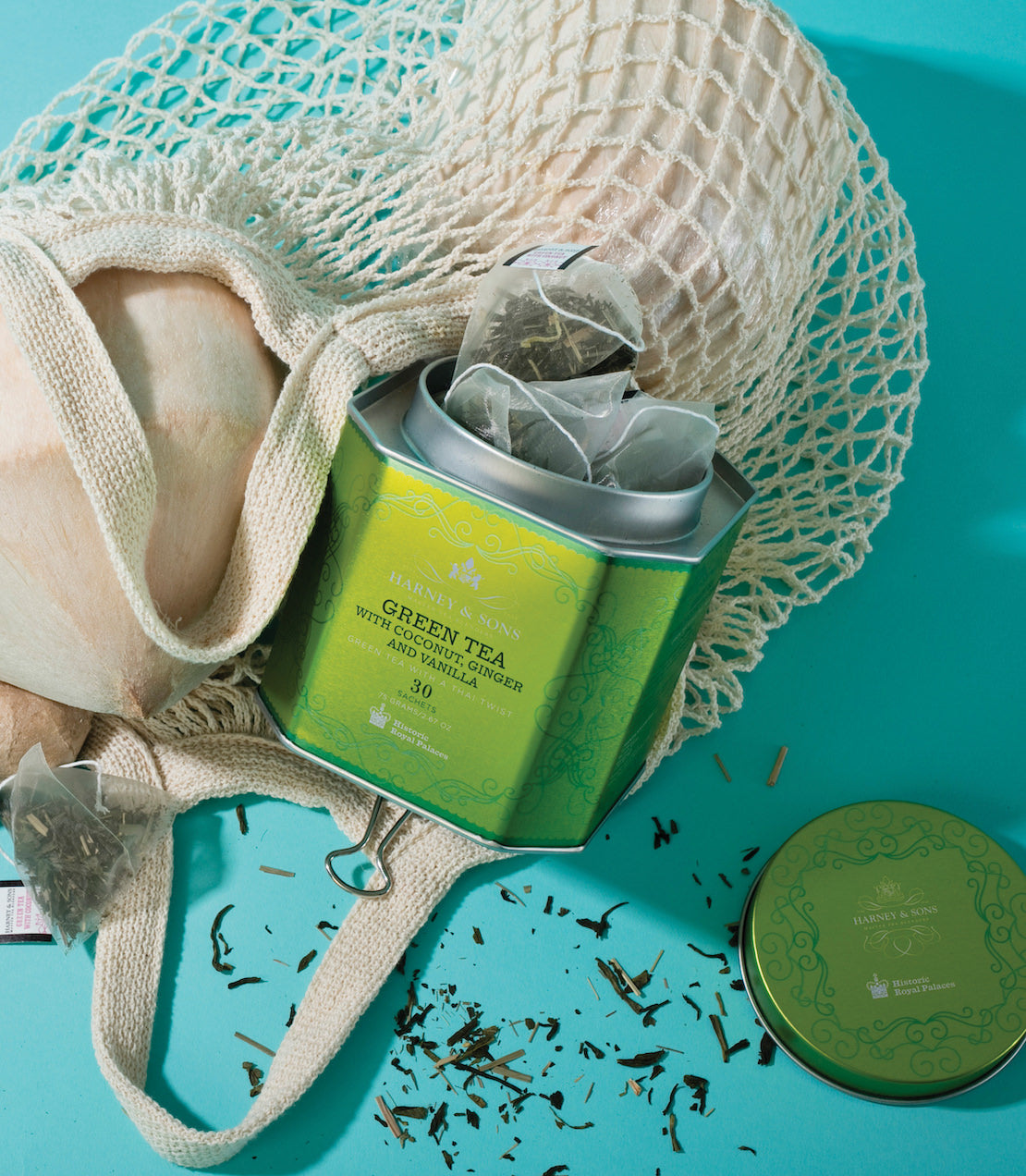 Organic Green Tea with Coconut, Ginger and Vanilla, HRP Tin of 30 Sachets