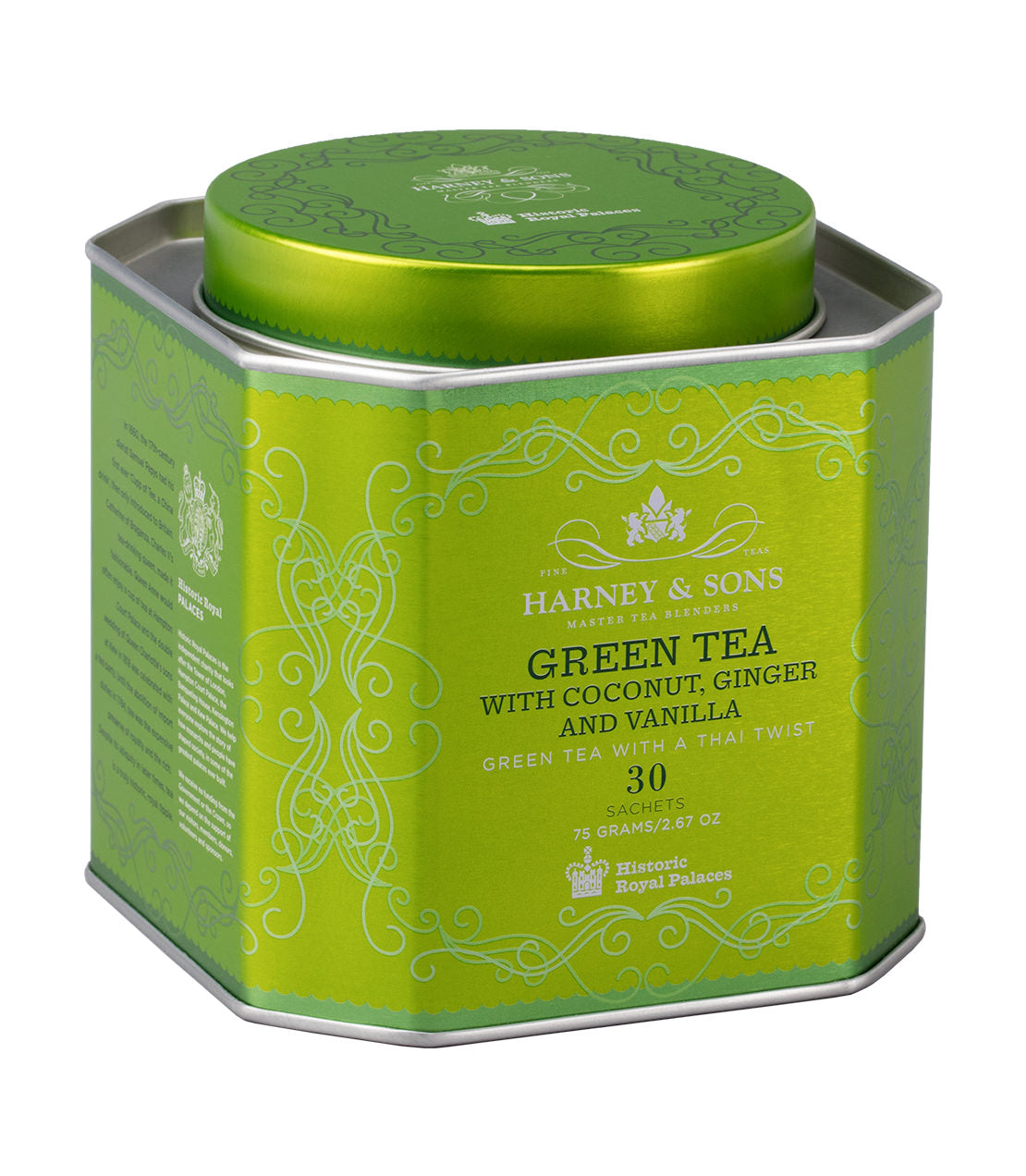 Organic Green Tea with Coconut, Ginger and Vanilla, HRP Tin of 30 Sachets