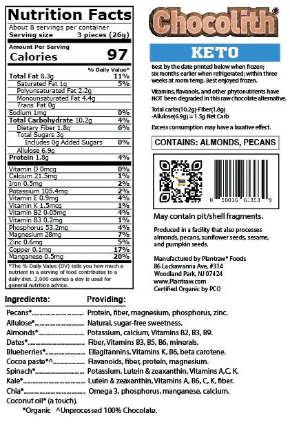 Chocolith® - Keto (7.3oz) - Vegan, Organic, Gluten-Free, 0g Refined Carbs. 1.5g Net Carbs.