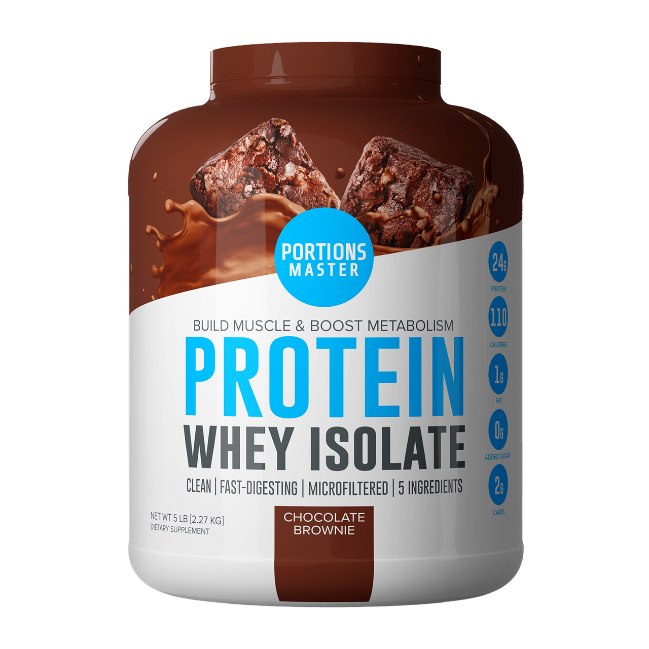 Portions Master Non-GMO Cross-Flow Microfiltration Whey Protein Isolate, Sweetened with Stevia | Chocolate Brownie