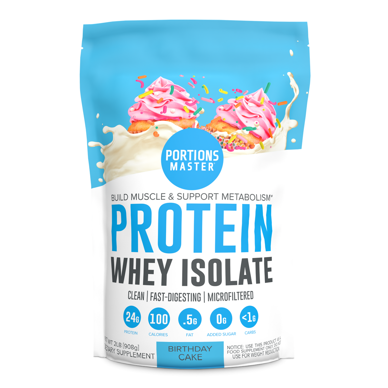 Portions Master Non-GMO Cross-Flow Microfiltration Whey Protein Isolate, Sweetened with Stevia (2 lbs) | Birthday Cake