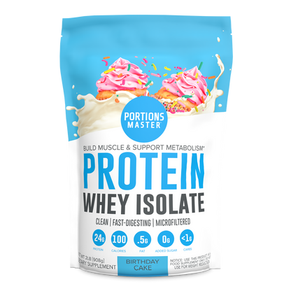 Portions Master Non-GMO Cross-Flow Microfiltration Whey Protein Isolate, Sweetened with Stevia (2 lbs) | Birthday Cake