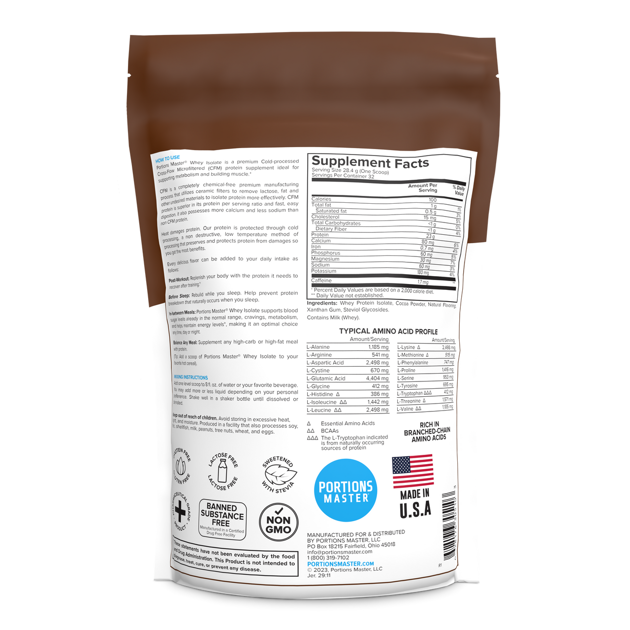 Portions Master Non-GMO Cross-Flow Microfiltration Whey Protein Isolate, Sweetened with Stevia | Chocolate Brownie