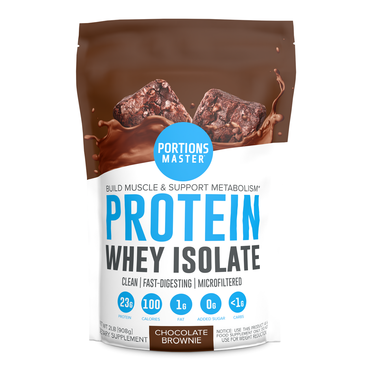 Portions Master Non-GMO Cross-Flow Microfiltration Whey Protein Isolate, Sweetened with Stevia | Chocolate Brownie