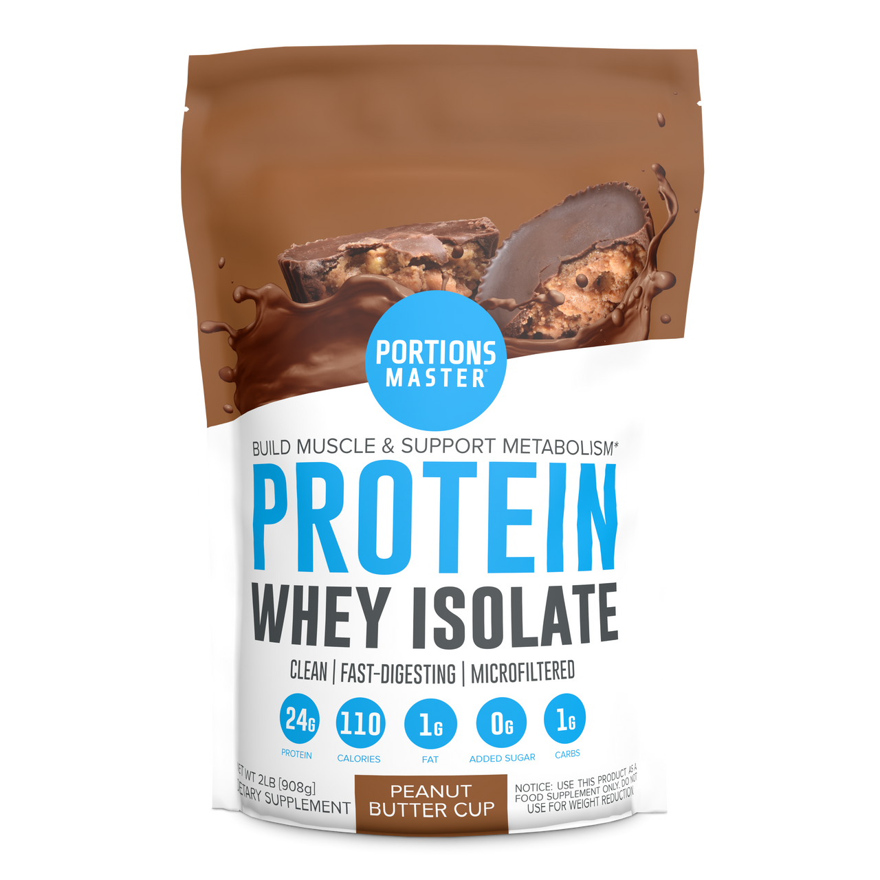Portions Master Non-GMO Cross-Flow Microfiltration Whey Protein Isolate, Sweetened with Stevia (2 lbs) | Peanut Butter Cup