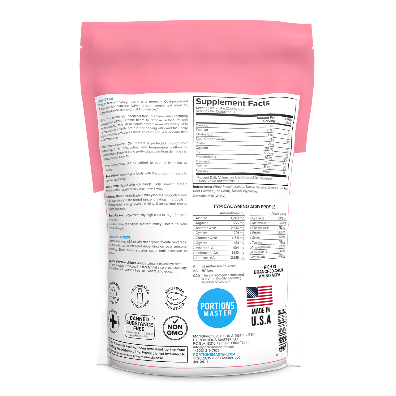 Portions Master Non-GMO Cross-Flow Microfiltration Whey Protein Isolate, Sweetened with Stevia (2 lbs) | Strawberries And Cream