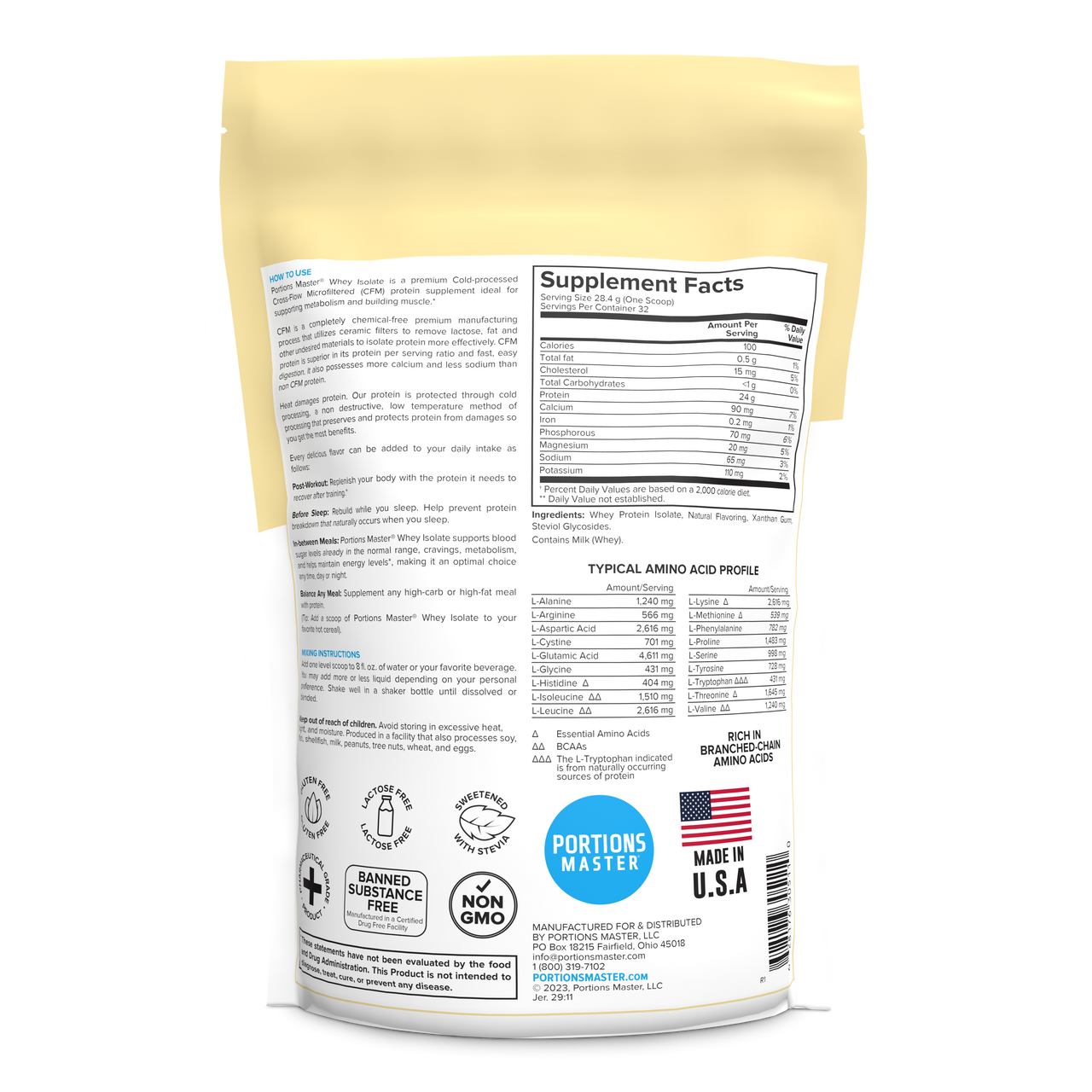 Portions Master Non-GMO Cross-Flow Microfiltration Whey Protein Isolate, Sweetened with Stevia | Vanilla Ice Cream