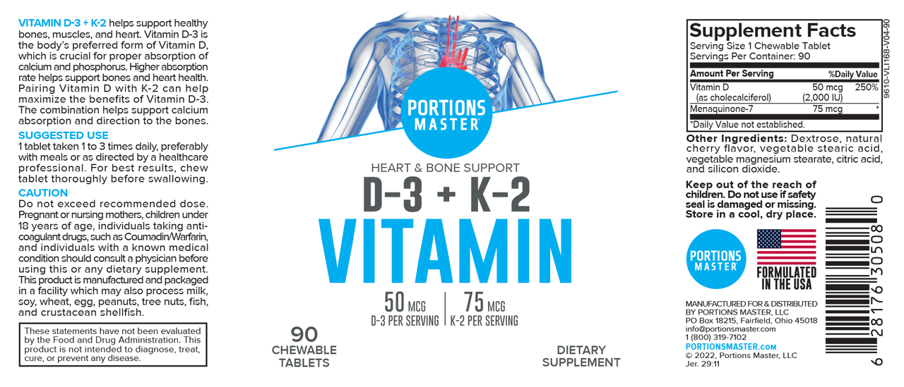 Portions Master Vitamin D-3 + K-2 Heart & Bones Support (90 Count)