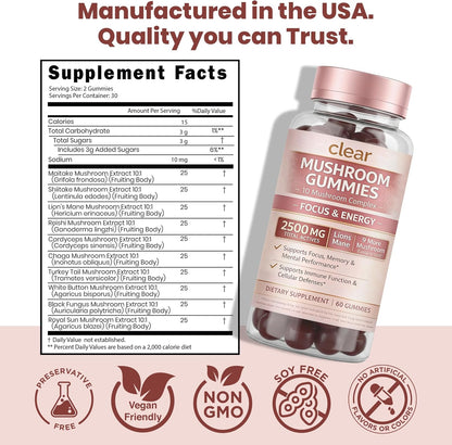Mushroom Gummies for Focus & Mental Clarity – Lion’s Mane + Adaptogenic Blend for Energy & Brain Support
