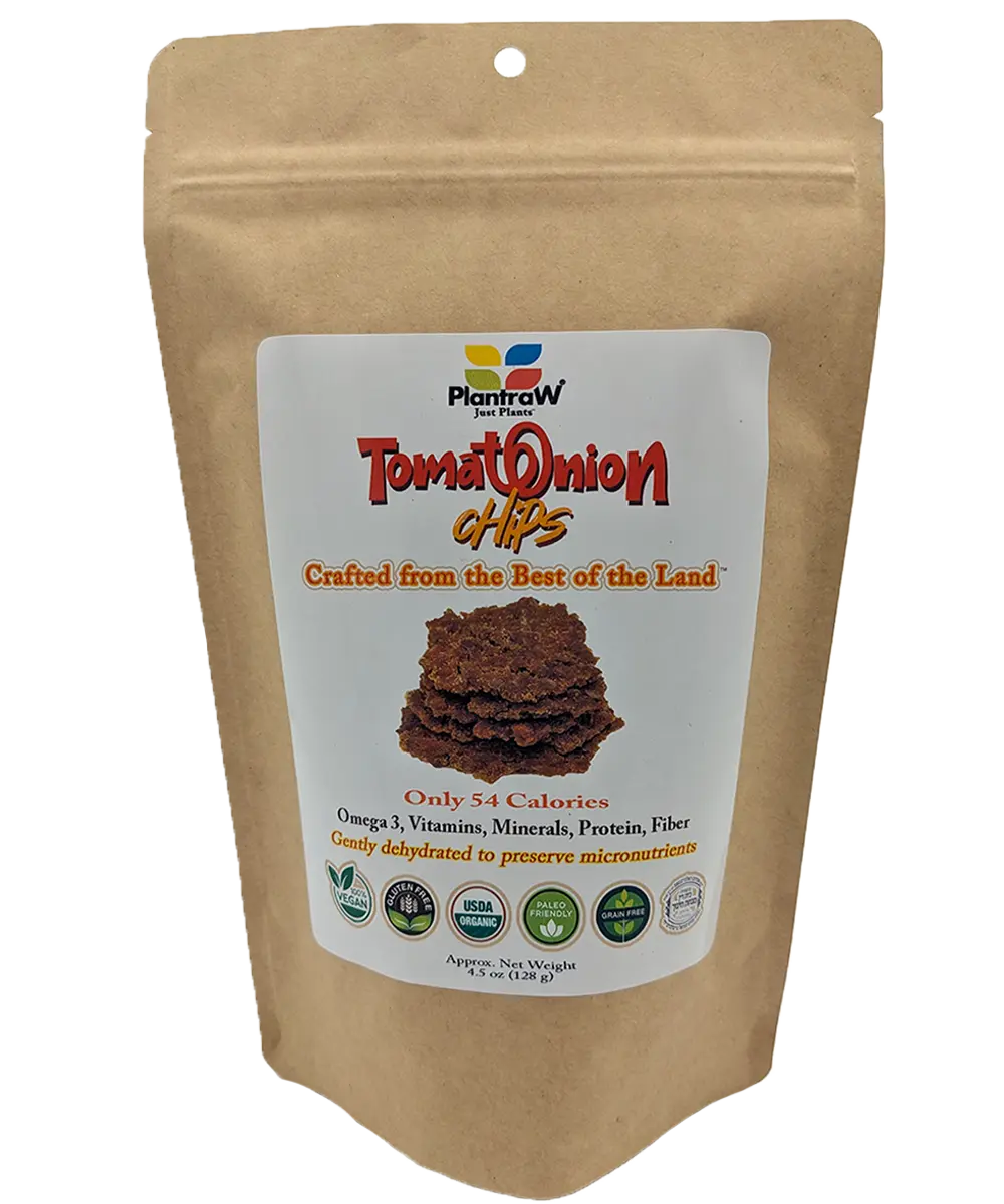Tomato-Onion Chips: Natural, Gluten-Free, Dehydrated, Organic, Keto-Friendly Chips.