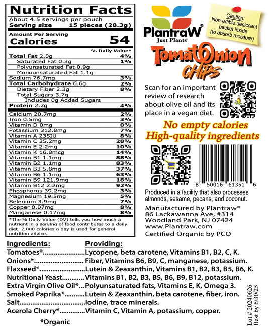 Tomato-Onion Chips: Natural, Gluten-Free, Dehydrated, Organic, Keto-Friendly Chips.