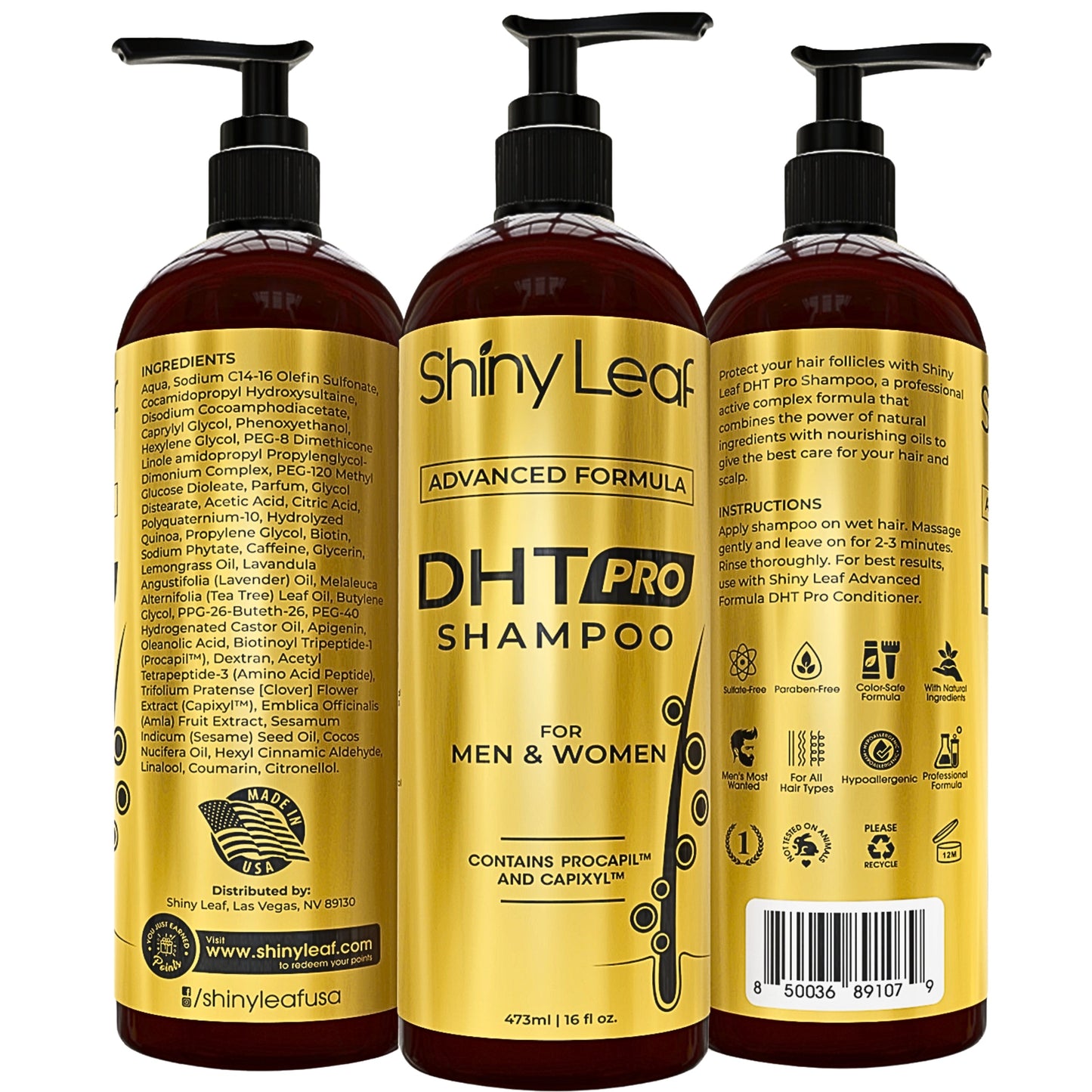 DHT Pro Shampoo with Procapil and Capixyl for Anti-Hair Loss 16 oz Shiny Leaf
