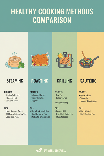 Healthy Cooking Methods Comparison showing steaming, roasting, grilling, and sautéing techniques