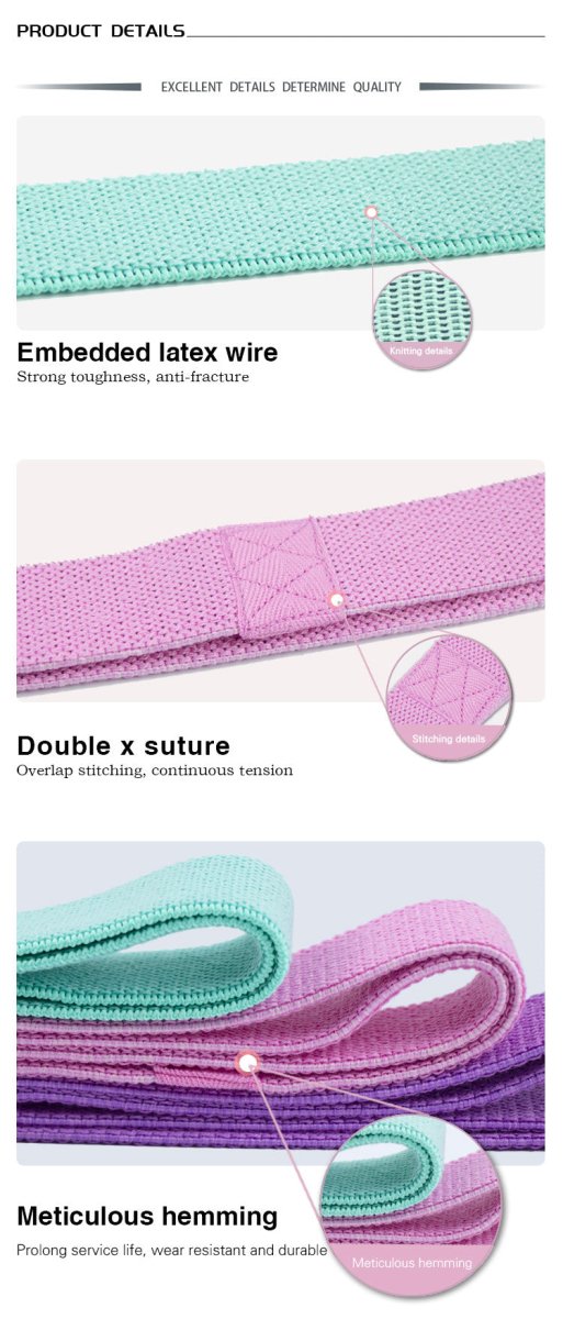 Long Resistance Bands 3 Strengths Purple, Pink and Green