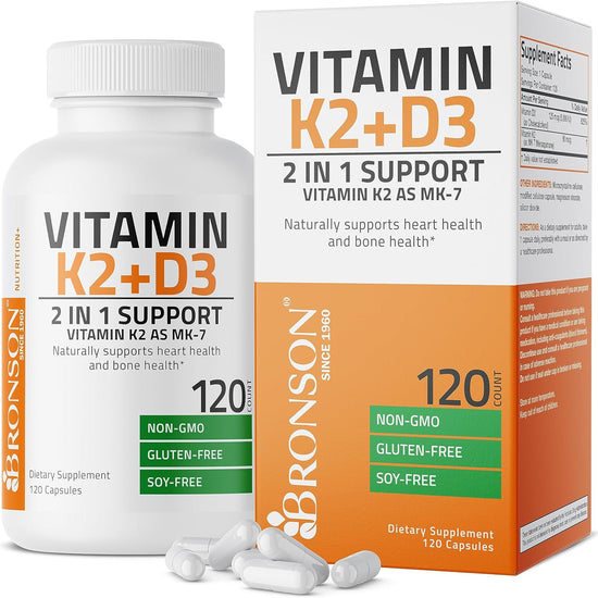 Bronson Vitamin K2 MK7 with D3 Supplement NonGMO Formula 5000 IU Vitamin D3  90 mcg Vitamin K2 MK7 Easy to Swallow Vitamin D  K Complex 120 Capsules