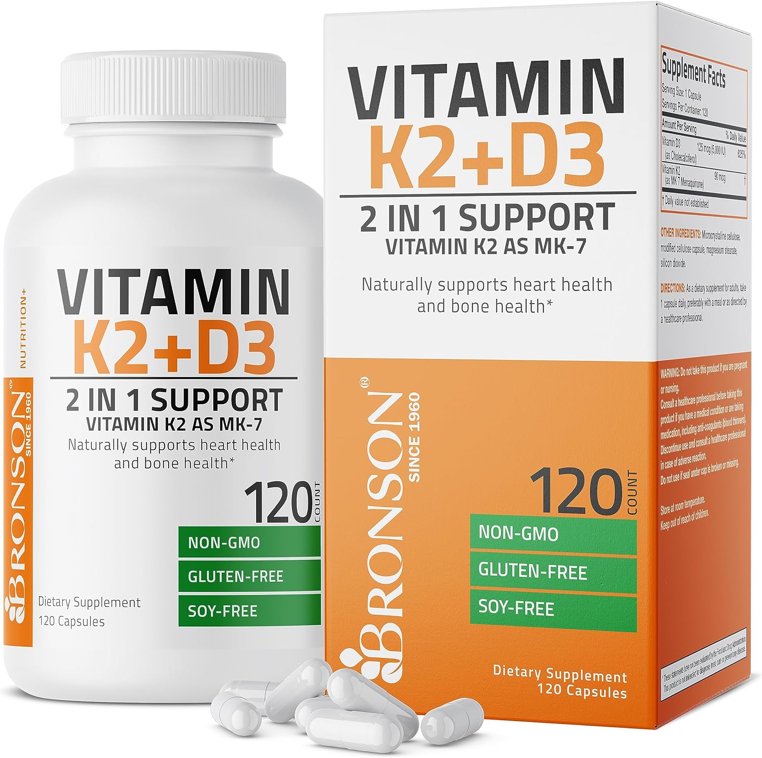 Bronson Vitamin K2 MK7 with D3 Supplement NonGMO Formula 5000 IU Vitamin D3  90 mcg Vitamin K2 MK7 Easy to Swallow Vitamin D  K Complex 120 Capsules