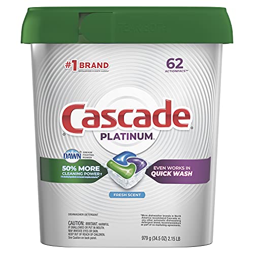 Cascade Platinum Dishwasher Pods, Actionpacs Dishwasher Detergent with Dishwasher Cleaner Action, Fresh Scent, 62 Count
