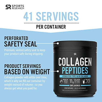 Sports Research Collagen Powder Supplement - Vital for Healthy Joints, Bones, Skin, & Nails - Hydrolyzed Protein Peptides - Great Keto Friendly Nutrition for Men & Women - Mix in Drinks (16 Oz)